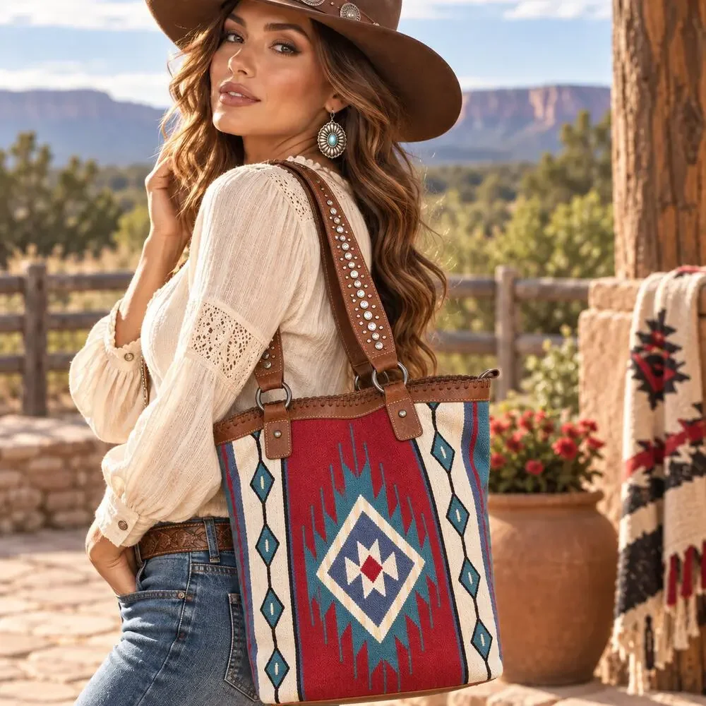 Montana West Southwestern Tapestry Tote Rhinestone Western Shoulder Bag
